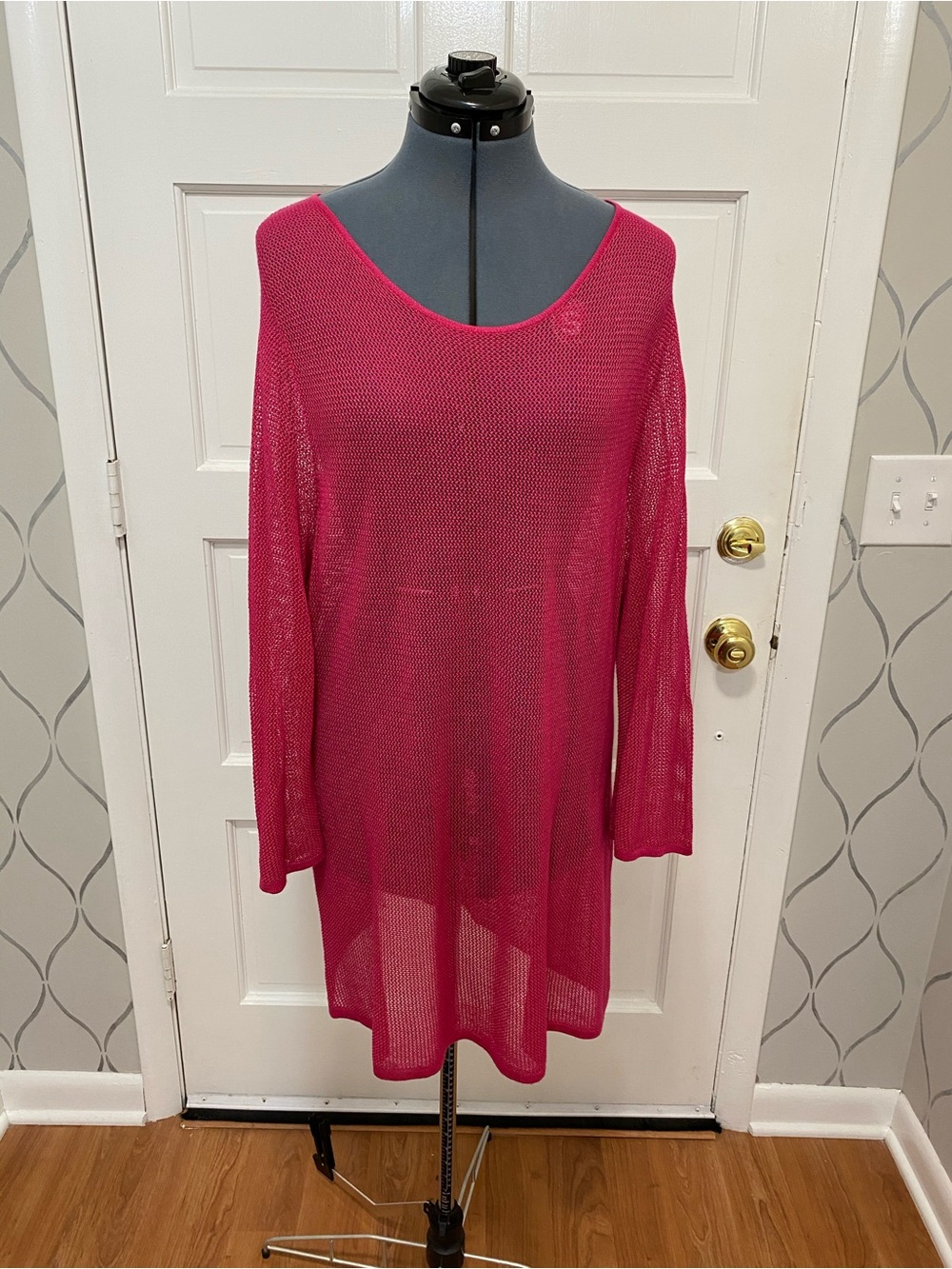 Chico’s Size 3 Pink Open Knit Mesh Tunic Sweater Cover Up XL 143